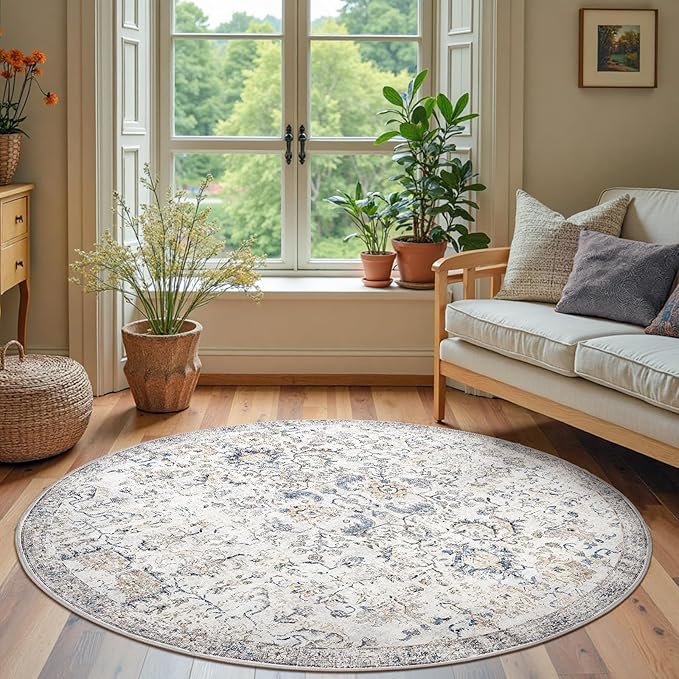 jinchan Kalen Round Rug 6ft Area Rug Washable Vintage Indoor Retro Accent Floor Cover Distressed Floral 6' Round Circle Boho Non Slip Thin Carpet for Living Room Dining Room Bedroom Kitchen Blue