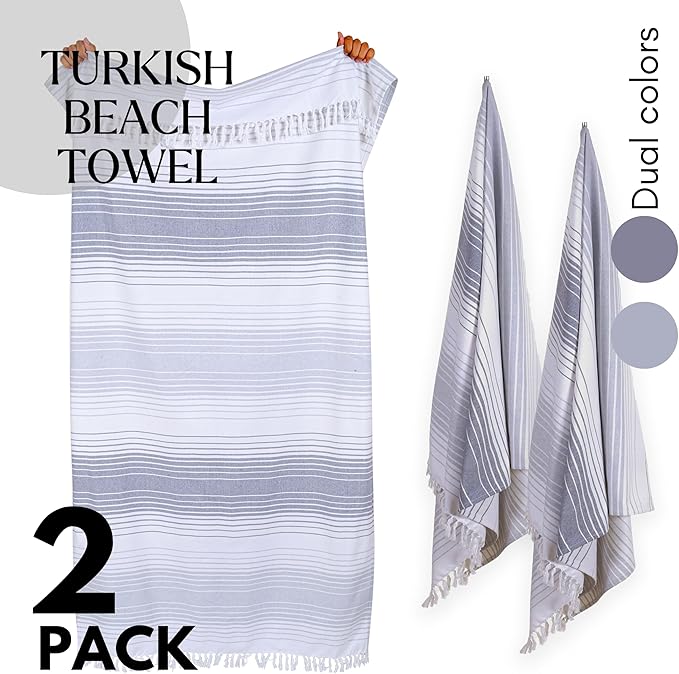 Native Fab 100% Cotton Peshtemal Turkish Bath and Beach Towels Set of 2, Large 40x71 Travel Sarong Gym Pool Spa Towels, Ultra Soft Quick Dry Absorbent Fouta Hammam Peshtemal Towels Grey White