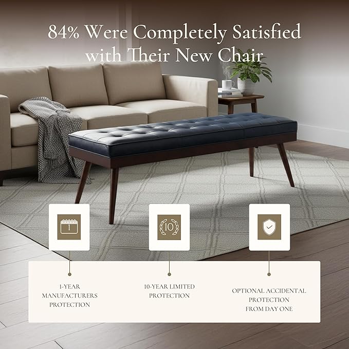 POLY & BARK 55" Tufted Leather Bed Bench for Bedroom End of Bed - Living Room Entry Way Bench - Pure Italian Leather Upholstery with a Solid Wood Frame - Ottoman Bench with Wooden Legs - Midnight Blue