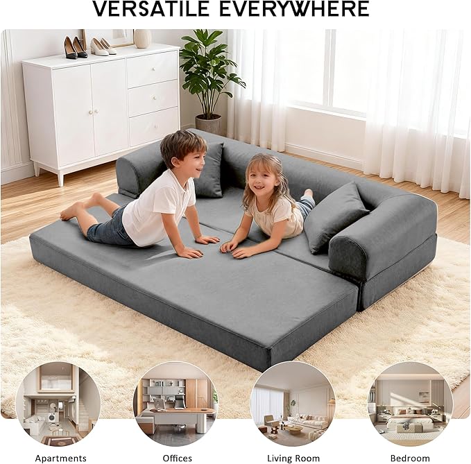 78.5" Convertible Sleeper Sofa Bed, Faux Leather Deep Seat Folding Floor Sofa with Pullout Bed & 2 Pillows, No Assembly Modern Boneless Couch Compression Sofa in Box for Living Room, Office, Gray