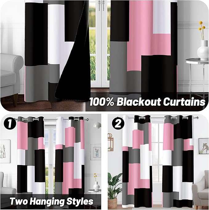 Pink 100% Blackout Curtains for Bedroom 84 inch Length 2 Panels Set Black Grey Modern Abstract Geometric Black Out Curtains Insulated Room Darkening Window Drapes for Living Room, 42Wx84L