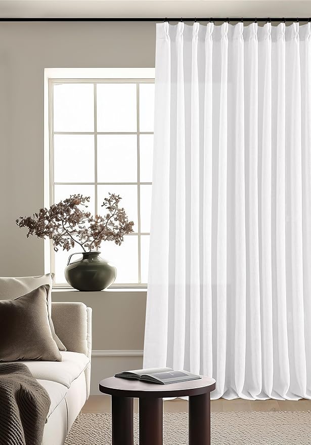 Pinch Pleated Extra Wide Linen Curtains 120 Inches Long for Patio Sliding Glass Door White 70 Inch Wide Pleated Drapes with Hooks Rings Neutral Natural Semi Sheer 70x120 Curtain for Living Room