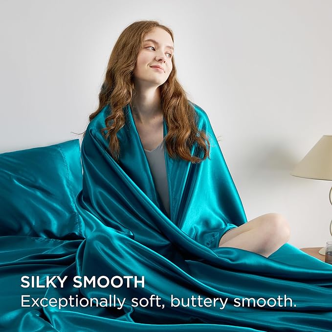 Bedsure Satin Sheets Queen Size - 4 Piece Silky Bedsheets with 15 Inches Deep Pocket Fitted Bedsheet,1 Flat Sheet, 2 Satin Pillowcases, Good for Hair & Skin (Queen, Teal)