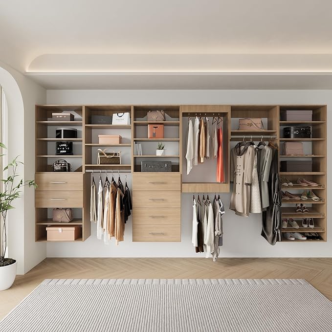 4 Drawer Short Tower Closet Unit, Modular Closet System, Wood Closet System Organizer with Storage for Walk In Closets, Clothing Rack Closet for Hanging Clothes, Bedroom, Wood, 19.5"W