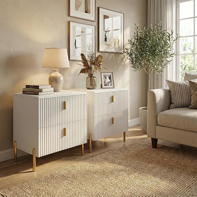 Luxury Fluted Night Stand, Nightstand with 2 Drawers, Modern Bedside Table with Golden Legs and Handles, End Tables for Living Room Bedroom, White