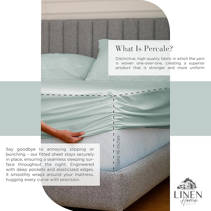 Linen Home 100% Cotton Percale Sheets Full Size, Pastel Turk, Deep Pocket, 4 Pieces Set - 1 Flat, 1 Deep Pocket Fitted Sheet and 2 Pillowcases, Crisp Cool and Strong Bed Linen