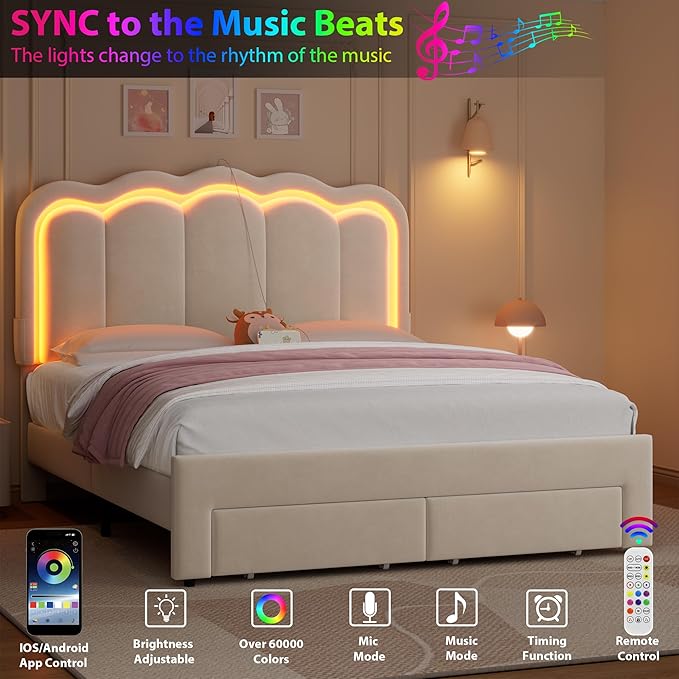 Velvet Upholstered Full LED Bed Frame with 2 Storage Drawers and Adjustable Chic Double Wavy Headboard, Princess Platform Bed with Charing Station, Solid Wood Slats Support,No Box Spring Needed,Beige