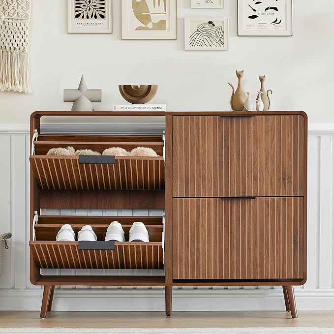 47" Fluted Large Shoe Cabinet with 4 Flip Drawers, Slim Freestanding Shoe Cabinet Organizer, Narrow Shoes Storage Rack for Entryway, 5 Sturdy Legs (All Walnut, 9.45" D x 47.24" W x 35.83" H)