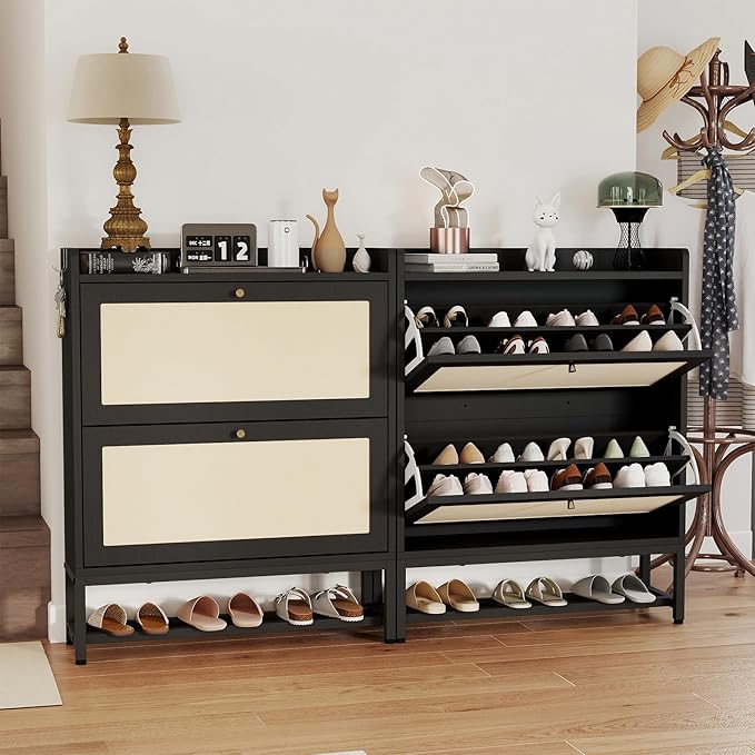 Slim Entryway Shoe Storage Cabinet with 2 Flip Drawers, Modern Freestanding Shoes Organizer Holds 16-20 Pairs, Closed Shoe Storage for Hallway, Foyer - Space-Saving Wood Shoe Cabinet