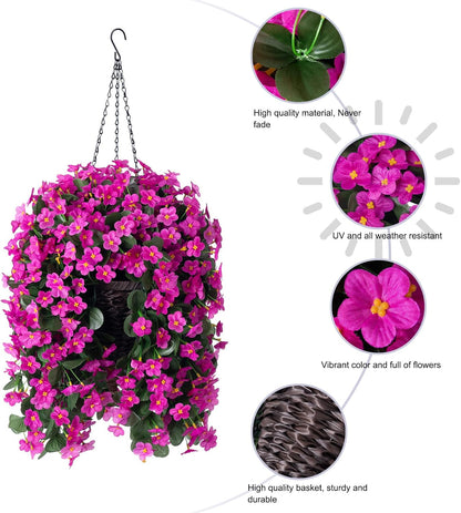 Artificial Fake Hanging Flowers Plants Baskets for Outdoor Fall Decoration, Faux Silk Fuchsia Daisy Mums Trailing Orchid UV Resistant for Home Outside Porch Garden Yard Patio Decor