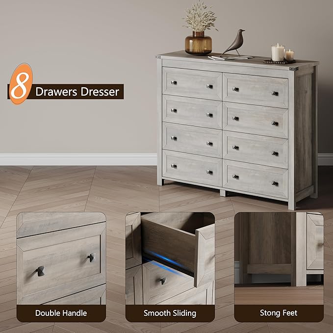 Dresser for Bedroom with 8 Drawers, Farmhouse Wood Chest of Drawers, Wide TV Stand Closet Storage Furniture with Metal Handle, Modern Clothes Organizer for Hallway, Living Room, Entryway, Light Grey