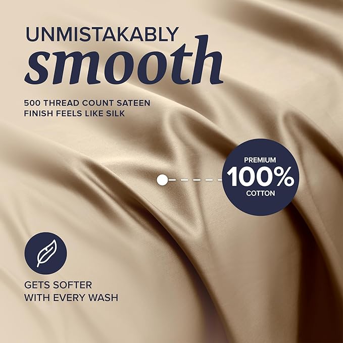 Beckham Hotel Collection Twin XL Sheet Set 100% Cotton, 500TC Luxury Sateen Bedding, 16” Deep Pocket, Moisture-Wicking, 3-Piece, Sand