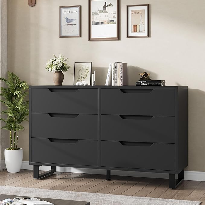 GarveeHome 6 Dresser for Bedroom, 47.2 in Wide Dresser, Freestanding Vertical Drawer Cabinet with Storage, Wooden Closet Storage Chest for Living Room, Hallway, Entryway, Black