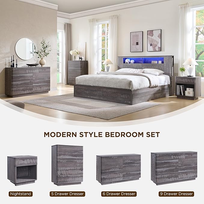 ACCOHOHO Modern 5 Drawer Dresser for Bedroom, 42" Tall Wooden Dressers with Large Storage,Handleless Chest of Drawers for Living Room & Hallway, Curved Profile Design, Grey