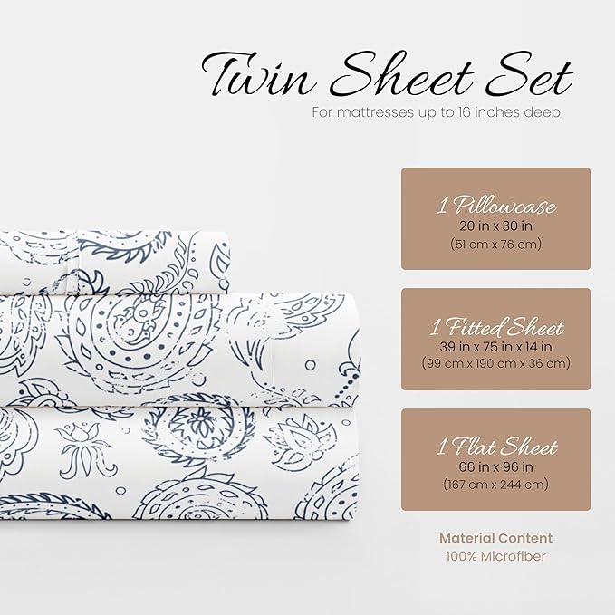 Linen Market Double-Brushed Patterned Microfiber Twin Sheet Set 3 Piece – Oeko-TEX Certified Ultra Soft & Wrinkle-Free - 16" Deep Pocket Sheets - Easy Care Twin Size - Coarse Paisley Navy
