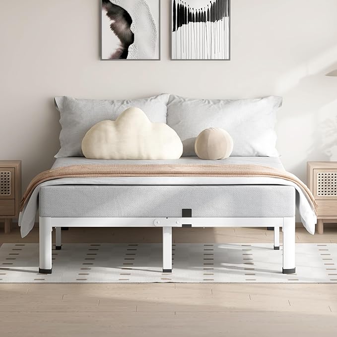 7 Inch White Queen Bed Frame, 3500Lbs Heavy Duty Metal Platform with Round Corner Legs Mattress Slide Stopper, Steel Slat Support No Box Spring Needed, Noise Free, Non-Slip, Easy Assembly