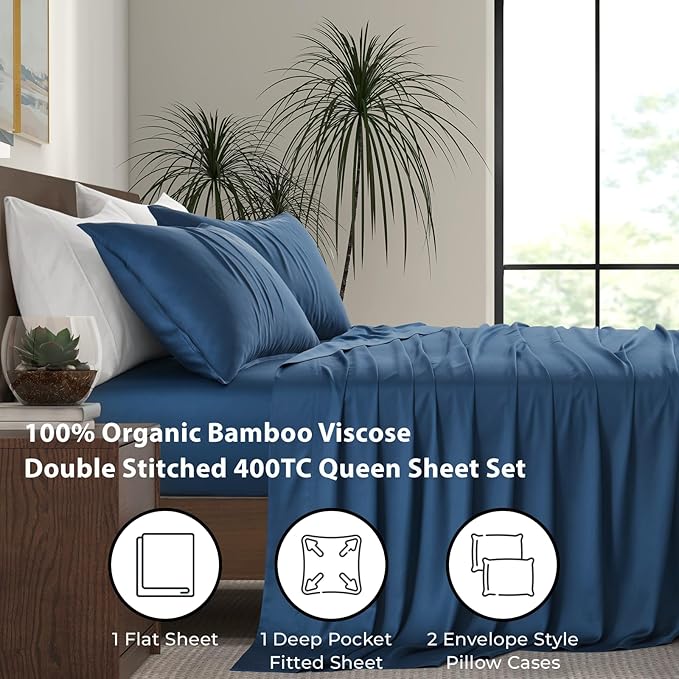 Luxury Bamboo Market | Queen Size Bed Sheet Set | 100% Viscose Made from Bamboo | Organically Grown | Ultra Soft | Cooling Sheets for Hot Sleepers | 17" Deep Pocket [Midnight Blue]