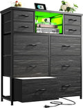 Dresser for Bedroom with 10 Drawers Featuring LED Light and Power Outlet, Fabric Dressers & Chest of Drawers with Open Shelves for Hallway, Living Room, Metal Frame,Wood Top,Grain Black