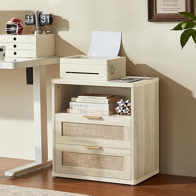 LEYAOYAO Rattan Dresser and Nightstand Set of 2, Boho Wood Dresser for Bedroom with 6 Drawers and Night Stand with Charging Station, Bedroom Furniture, Dressers & Chests of Drawers,Living Room,Hallway