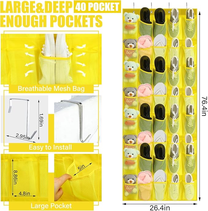 Windyun 40 Over the Door Shoe Organizer Large Mesh Pocket Hanging Shoe Rack for Closet Yellow Nonslip Behind Door Storage Holder Back to School Organizer for Dorm Room College Classroom Storage