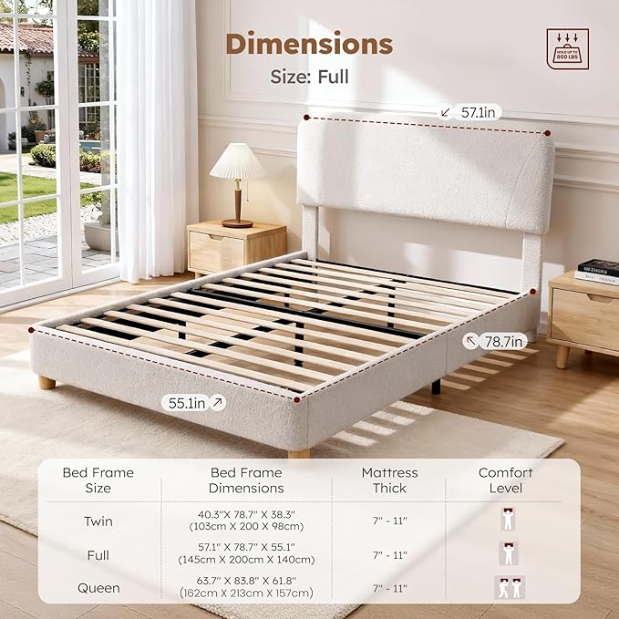 Queen Size Cloud Bed Frame, Soft Boucle Bed Frame with Adjustable Headboard, Solid Wood Legs, Rounded Corners Design & Easy Assembly – Modern Platform Bed,Cream