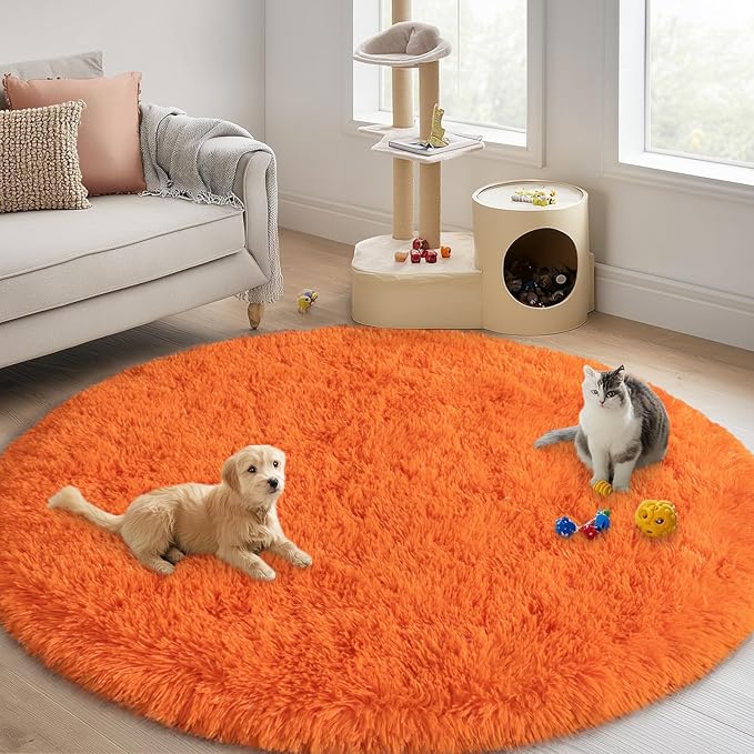 Round Orange Rug for Bedroom, 4 ft Circle Area Rugs for Living Room, Soft Fluffy Shag Carpet for Teen Girls Boys Nursery Room Dorm Home Decor Aesthetic