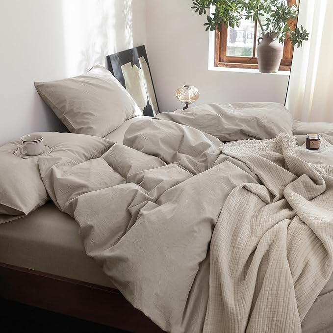 FOSSA Duvet Cover Set 100% Washed Cotton Linen Feel Super Soft Breathable Cozy Simple Style 3 Pieces Bedding Sets Solid Cream Grey Oversized King Plus