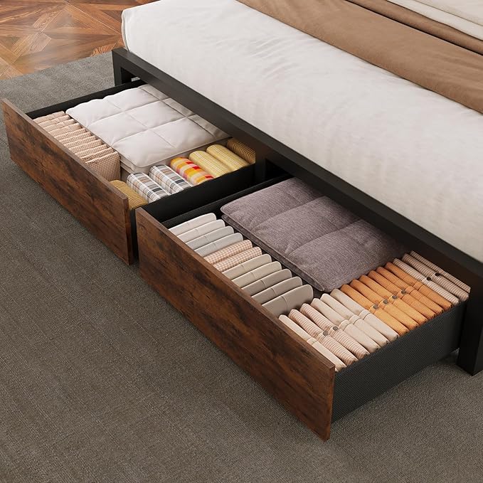 Farmhouse King Bed Frame with Bookcase Storage Headboard, Charging Station, LED Light and 2 Storage Drawers, Noise Free, No Box Spring Needed, Brown