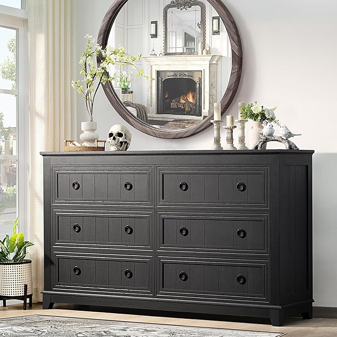 Bedroom Dresser and Nightstand Sets 4 Piece, Farmhouse 6 Drawers Dresser & 40.5" Tall Chest of Drawers, 18" Nightstands Set of 2, 54" Wide Furniture Dressers for Bedroom, Living Room, Black