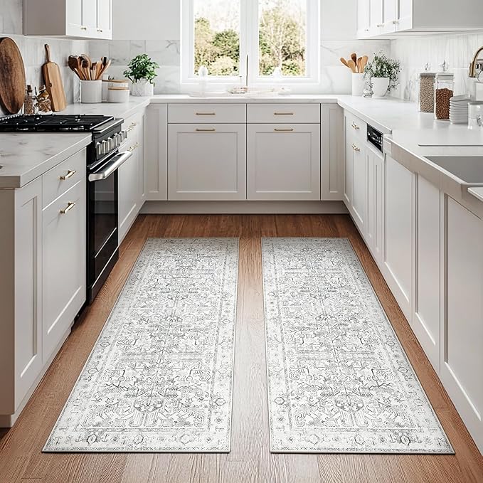 jinchan Lima Kitchen Runner Rug 2x5-2pcs, Vintage Hallway Rug Washable Floral Non Slip with Rubber Backing Soft Carpet Runner for Bedroom Laundry Room Living Room Grey