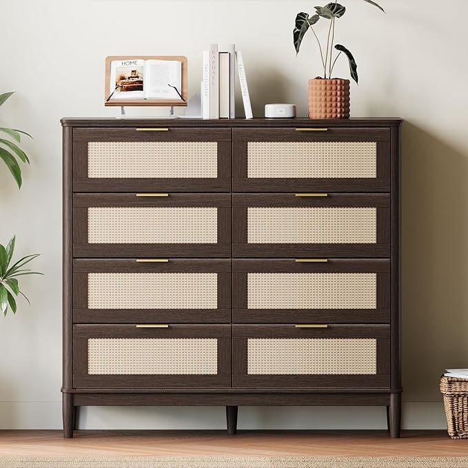 LINSY HOME Rattan Dresser for Bedroom with 8 Drawers, 54" Wide Chest of Drawers, Mid Century Modern Dresser TV Stand with Metal Handle, Wood Closet Storage Cabinet for Living Room, Hallway, Walnut