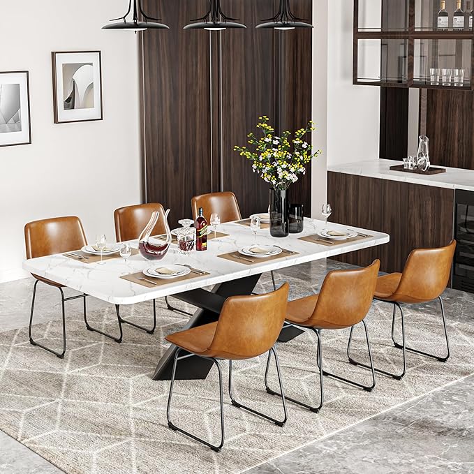 Dining Chairs Set of 8, 18 Inch Modern Armless Dining Chair with Back, Faux Leather Kitchen Dining Room Chair with Metal Legs for Home, Bistro Coffee Shops (Brown)