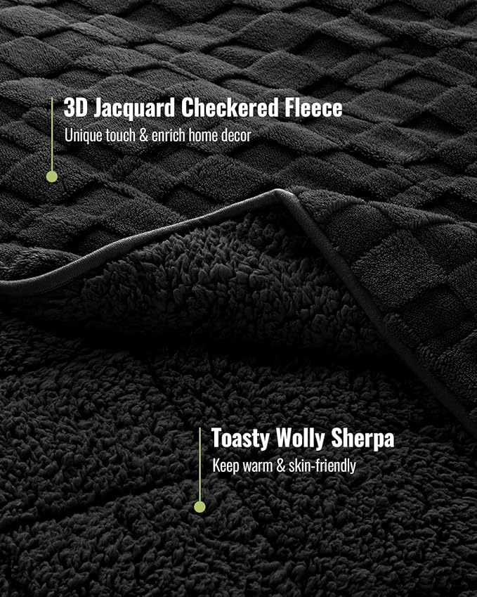 Uttermara Sherpa Fleece Weighted Blanket Queen Size(20lbs, 60" x 80", Black), 3D Jacquard Checkered Warm Sherpa Heavy Blanket for Adults, Soft Fuzzy Weighted Blankets for Couch Bed Sofa