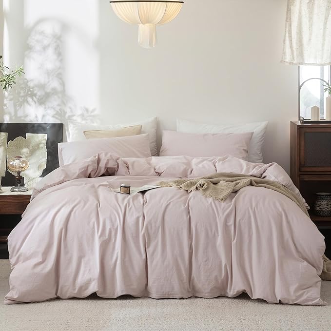 FOSSA Duvet Cover Set 100% Washed Cotton Linen Feel Super Soft Breathable Cozy 3 Pieces Bedding Sets Solid Greyish Pink Oversized King