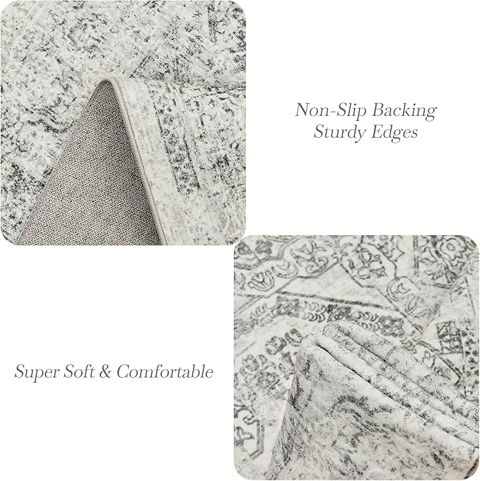 5x7 Area Rugs Grey Low Pile Indoor Washable Trendy Faded Style Floral Rugs for Bedroom Living Room Dining Room Foldable Non-Slip Thin Print Mat