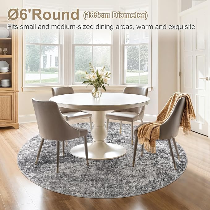 6ft Round Area Rug Living Room Rugs - 6x6 Washable Large Soft Indoor Neutral Modern Abstract Low Pile Rug Carpet for Bedroom Dining Room Farmhouse Home Office - Grey