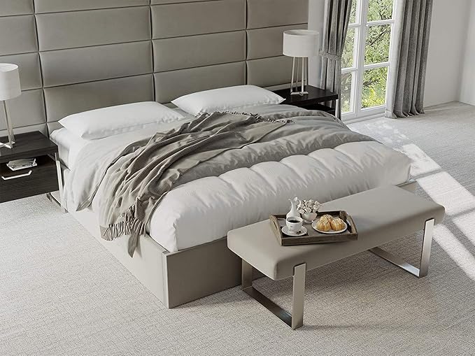 VANT Upholstered Bed Bench - Vintage Leather Light Grey - Brushed Nickel - Contemporary Modern, Bedroom Bench Seat, Hallway, or Entryway