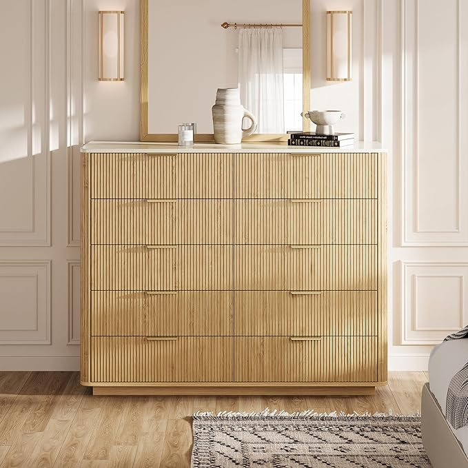 Fluted Drawers Dresser for Bedroom with 10 Drawers, 42'' Wide Mid Century Dressers with Faux Marble Top & Metal Handle, Wooden Chest of Drawers TV Stand, Natural Wood Closet Storage Organizer,Oak