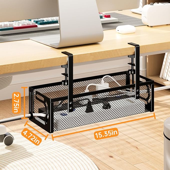 Under Desk Cable Management Tray, 15.7'' No Drill Steel Desk Cable Organizers, Wire Management Tray Cable Management Rack (1 Pack-Black)