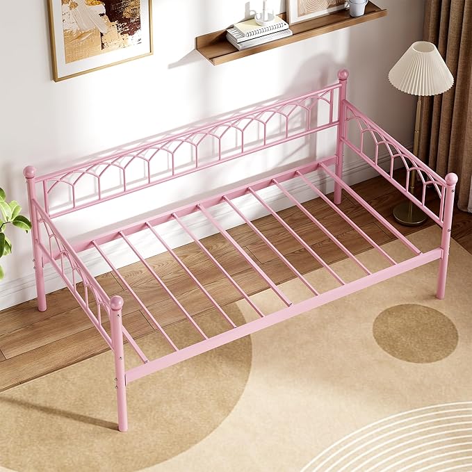 GarveeHome Twin Size Daybed, Sofa Bed Frame with Metal Steel Slat Support, Heavy Duty Metal Bed Frame, Space Saving, Easy Assembly, for Small Spaces, Living Room, Bedroom, Apartment, Pink
