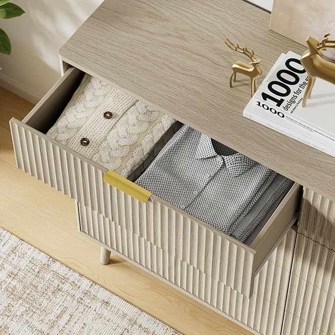 LYNSOM Fluted 8 Drawer Dresser for Bedroom, 55" Wide Modern Chest of Drawers with Curved Profile Design and Metal Handles, Wood Dresser TV Stand & Storage Organizer for Bedroom, Hallway, Beige