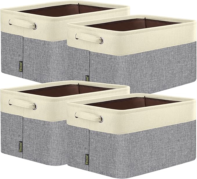 BALEINE 4 Pack Fabric Storage Bins for Shelves, Linen Storage Baskets for Organizing, Decorative Closet Bins for Clothes, Home (Grey, 12"x8"x8")