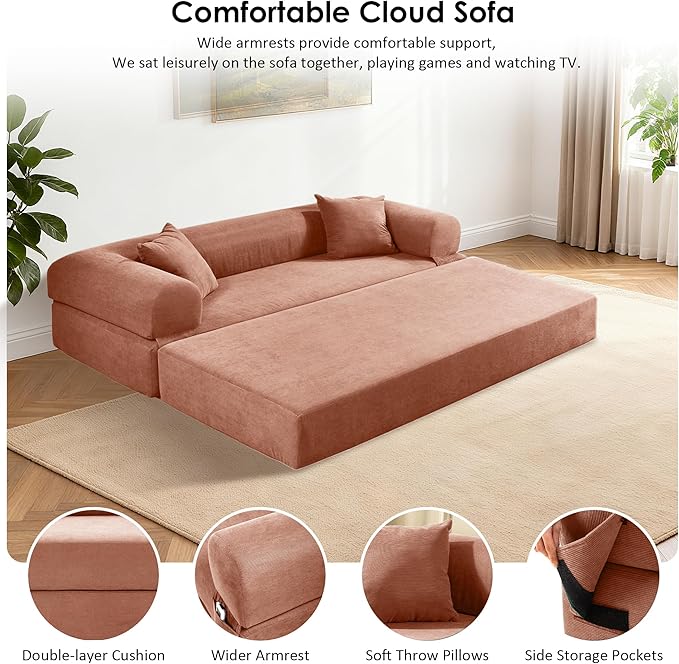 80" Convertible Sofa Bed, Corduroy Deep Seat Folding Pull Out Couch with Pillows, No Assembly Modern Boneless Couch Compression Sofa in Box, Floor Sofa with Storage Pocket for Living Room,Pink