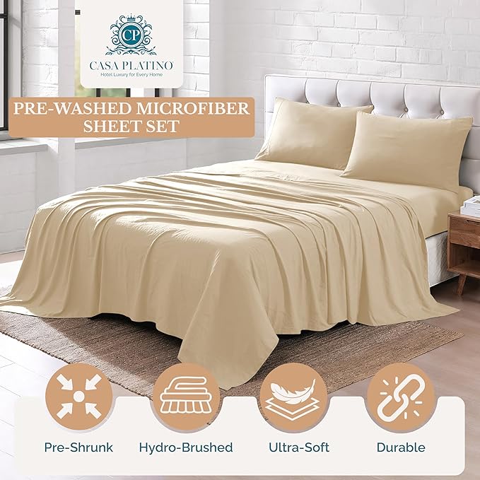 Casa Platino Cooling King Bed Sheets – 4 Piece Set, Pre-Washed Ultra Soft Microfiber, Cozy & Breathable Sheet Set, Deep Pocket Fitted Sheet for King Mattress, Brushed Fabric Finish - Linen Color