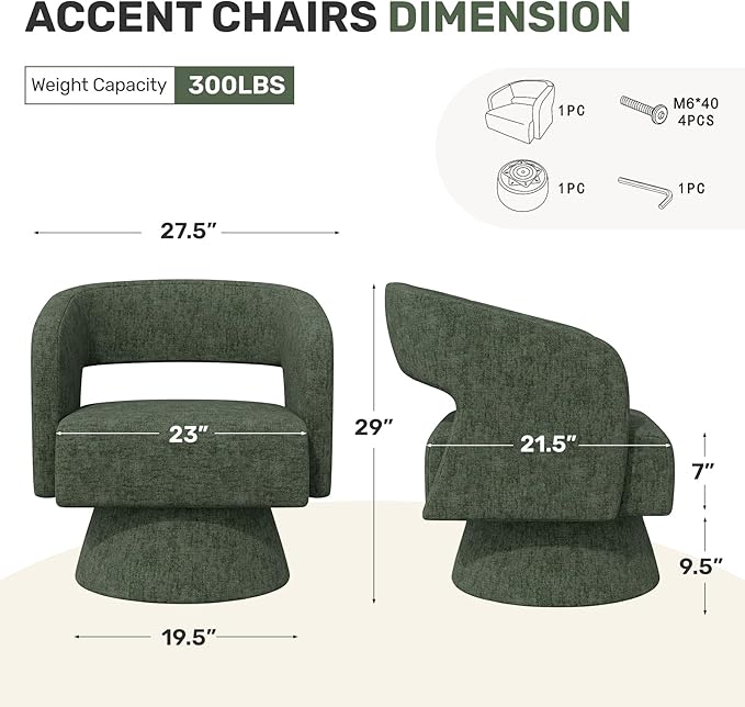 Swivel Accent Chair, Modern Comfy Chenille Barrel Chairs, Oversized Upholstered Round Arm Chair for Living Room, Bedroom, Reading Room, Green, 1 PCS