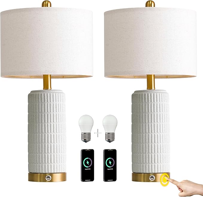 PoKat Stone-Like Ceramic Table Lamps with USB Ports for Bedroom, 25'' Matte-White Dimmable Nightstand Touch Lamps for Night Stands with Gold Base, Farmhouse Lamps for Living Room End Side Table