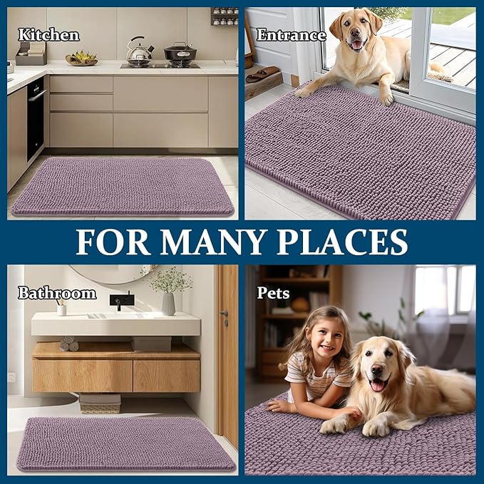 OLANLY Dog Door Mat for Muddy Paws 47x20, Absorbs Moisture and Dirt, Absorbent Non-Slip Washable Doormat, Quick Dry Chenille Mud Mat for Dogs, Entry Indoor Entryway Carpet for Inside Floor, Deep Plum