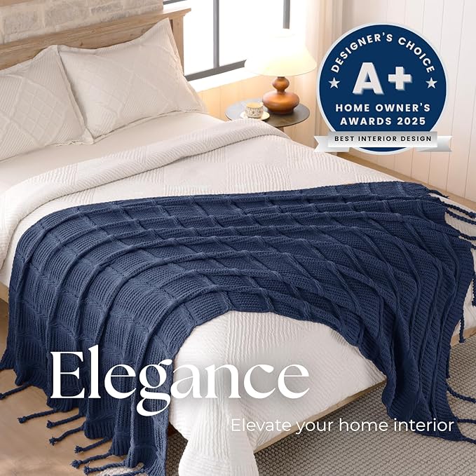 Boho Knitted Chenille Blanket with Tassels - Lightweight & Soft All-Season Throw - 3D Classic Pattern for Living Room Bedroom Couch, Royal Blue, King 90"x108"