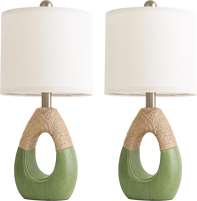 OYEARS 19" Table Lamps Set of 2, Bedside Lamps for Living Room, Lamps for Bedroom, Farmhouse Rattan Table Lamp, Small Space Nightstand Lighting, Rustic Home Office Decor (Green, Bulb Not Included)