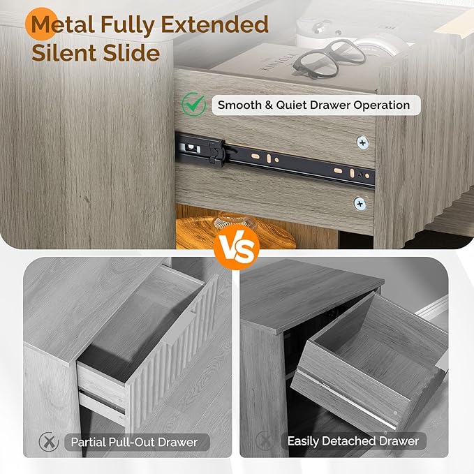 VINGLI Night Stand with Charging Station & Led Light, 19" W Fluted Nightstand Round Edge, Wood Nightstand Mid Century Modern End Table, Bed Side Table for Bedroom, Living Room, Gray Oak